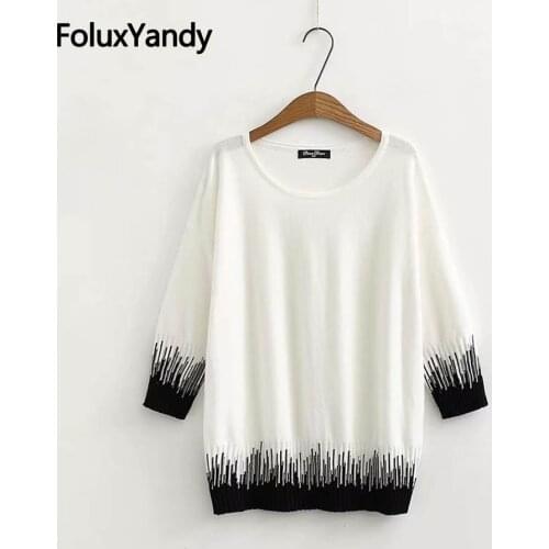 Korean Style Women Striped Sweater Plus Size Three Quarter Sleeve Casual Sweater O-neck Thin Spring Autumn Pullover KKFY2647