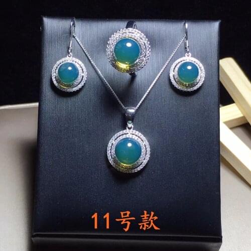 Natural 925 sterling silver inlaid 100% real blue amber beads necklace ring earrings for women amber bracelet jewelry sets