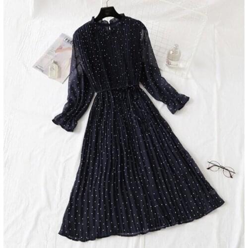 Polka Dot Print Dress Women 2020 Spring Autumn Long Sleeve Vintage Floral Pleated Chiffon Long Dress Casual Plus size Dress