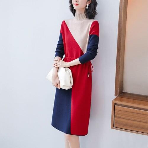 Women Color matching Dress 2020 New Female Knitting Fashion Dress Womens Spring Autumn Dress Mom Mid-length Dress A578
