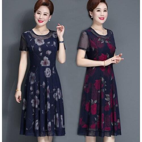 2021 Summer Middle Aged Women Short Sleeve Dress Floral Print Mesh Plus Size O-neck Midi Dresses Elegant Party Vestidos X56