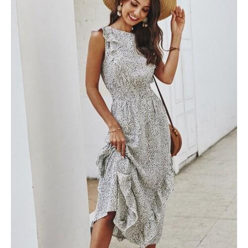 Elegant Sexy Beach Ruffles Midi Dresses Summer Women 2021 Fashion Print Dot Boho Vacation Dress Women Vestidos Robe Cottagecore