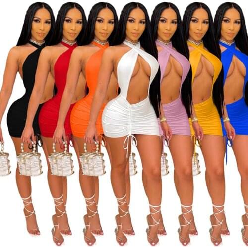 Zoctuo Women Sexy Halter Dress Sleeveless Backless Drawstring Solid Cross Mini Beach Dress Hollow Out Bodycon Night Club Outfit
