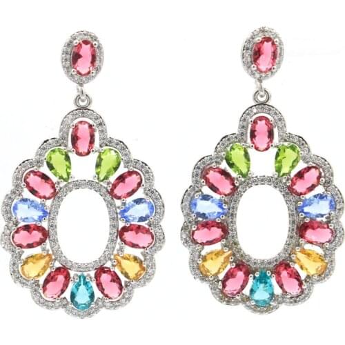 48x27mm Gorgeous Long Big Created 9.2g Rich Blue Aquamarine CZ Womans Party Silver Earrings