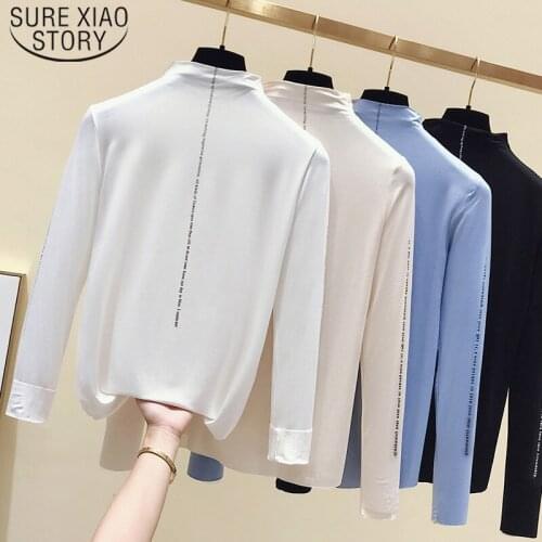 Semi-high Collar Base Shirt Womens Long Sleeve Shirt Autumn 2021 New Slim Black White Blouse Women Tops Print Patchwork 6300 50