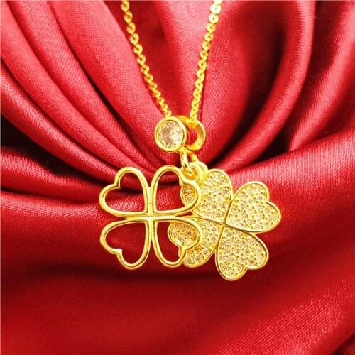 4-Leaf Heart Shaped Pendant Chain Yellow Gold Filled Classic Fashion Women Jewelry Gift