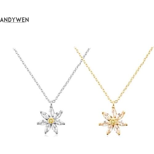 ANDYWEN 925 Sterling Silver Gold Chrysanthemum Flower Charm Pendant Long Chain Necklace Women Luxury Crystal Jewelry Gift