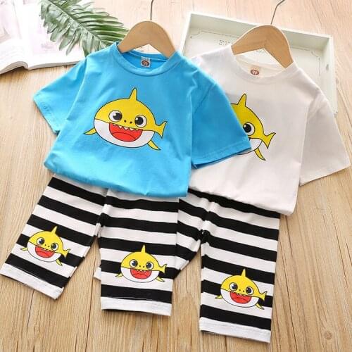 Summer New Kids Clothes Children Clothing Home Clothes 2pcs Sets Cartoon Fish Print Short Sleeve T-shirt+stripe Short Pants 2-6Y