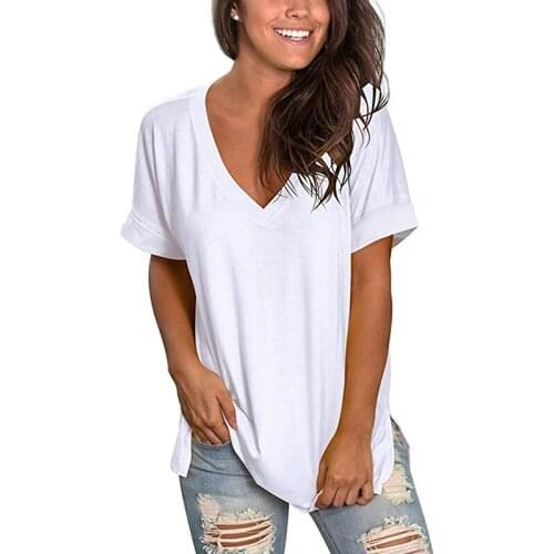 Simple Summer Women Loose T Shirts V Neck Solid Basic Top Tees Short Sleeves Hot Sale Female Streetwear T Shirts