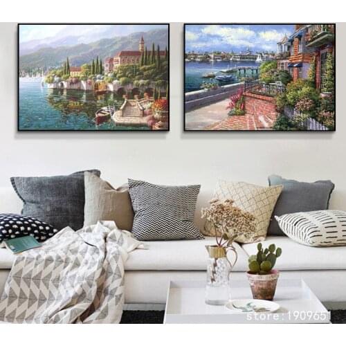 No frame Mediterranean sea water house seascape canvas printings oil painting printed on cotton home wall art decoration picture