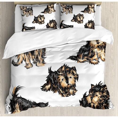 Yorkie Duvet Cover Set Hand Drawn Yorkies Realistic Yorkshire Terrier Images Dog Love Cartoon Decorative 3 Piece Bedding Set