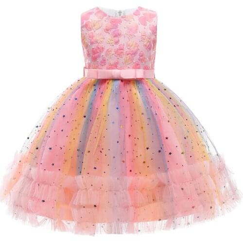 2021 Summer Star Sequins Girls Dress Colorful Flower Girl Princess Dress Children Birthday Party Wedding Dress Clothes
