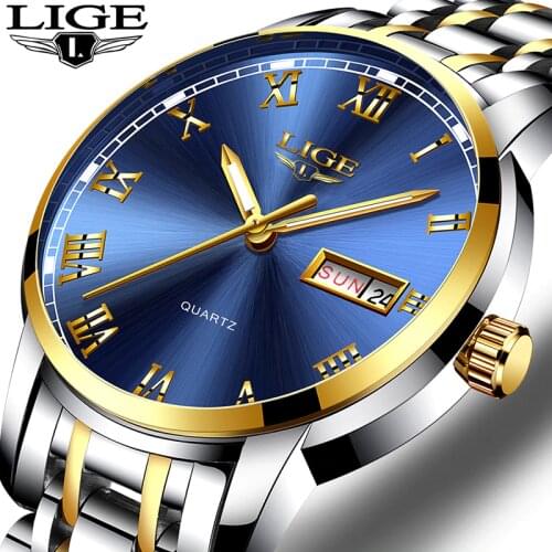 LIGE Luxury Brand Men Stainless Steel Gold Watch Mens Quartz Clock Man Sports Waterproof Wrist Watches relogio masculino