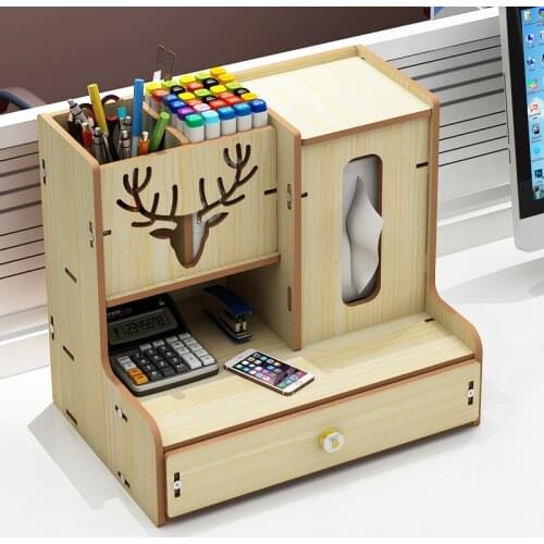Multifunctional Organizers Desktop Wooden Pen Holder With Drawer Tissue Box Napkin Storage Box For Office Cosmetic Organizer