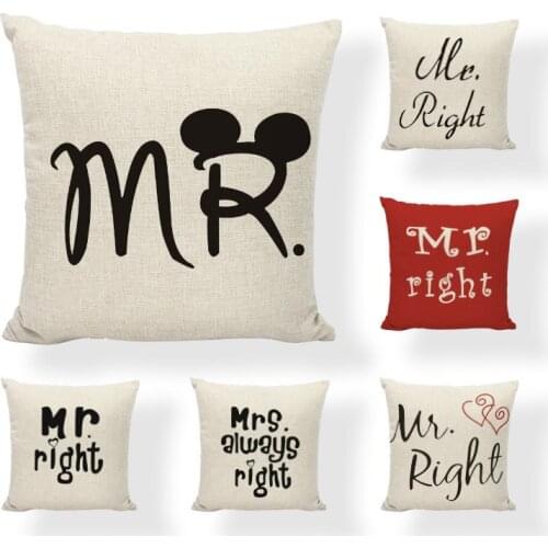Mr Mrs Supporting Letters Cushion Cover Always Right Pillow Cover Red Cotton Linen Decorative Couple Lover Home Throw Pillows