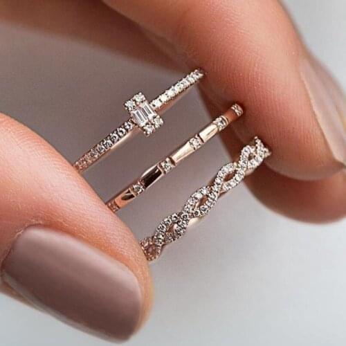 3pcs Trendy Fashion Clear Crystal Stone Rings Set For Women Vintage Twist Pearl Hollow Geometric Finger Knuckle Rings Jewelry