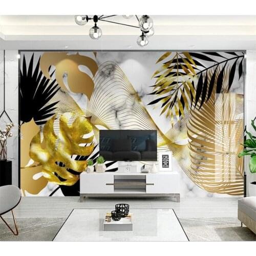 Customized 3d wallpaper Nordic hand-painted tropical plant golden leaf mural abstract curve jazz white living room TV background