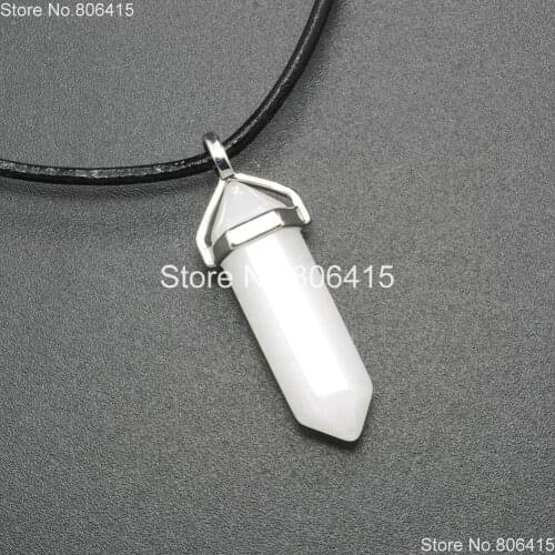 Natural White Ja-de Gems Stones Hexagonal Point Healing Reiki Chakra Pendant Beads Real Leather Necklace 5 Sets 18"