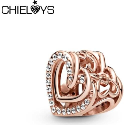 2Pcs/Lot 2021 New Silver Plated Beads Rose Gold Entwined Heart Charms Fit Original Brand Bracelets Necklaces For Women Jewelry