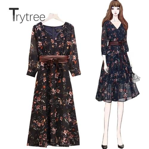 Trytree 2020 Spring Autumn women Casual Dress V-neck Print A-line Fashion Elegant Belt Zipper Knee-Length Office Lady Dress