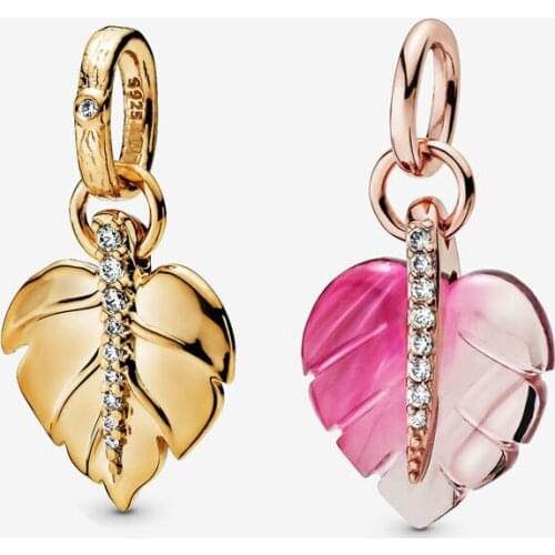 Real 925 Sterling Silver Rose gold Pink Murano Glass Leaf Pendant Charm Fit pandora Bracelet Necklace Dangle Charm DIY Jewelry