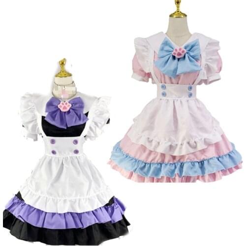 Plus Size Women Maid Dress Pink Light Blue Cat Lolita Dress Costume Lace Trim Big Bow Cake Dress Apron Cafe Shop Mucama Cosplay