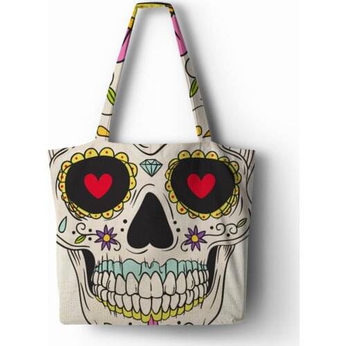 Skull Day of the Dead Both Sides Printed Handbag Linen Polyester Shopping Tote Home Storage Bags with Casual Traveling Beach