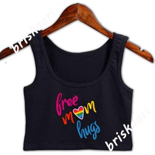 Free Mom Hugs Lgbt Pride Month Gay Lesbian Bisexua Crop Top Top Graphic O-Neck Printed Letter Funny Casual Basic Solid Vest
