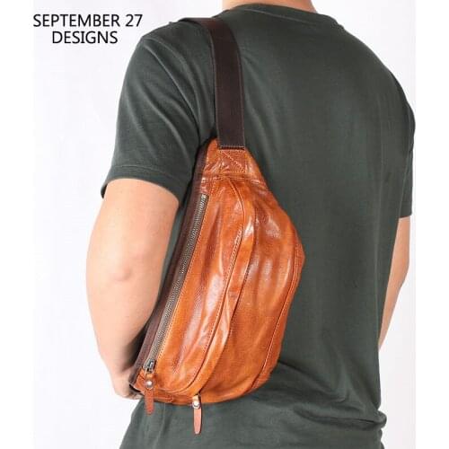 New Style Men Vintage Chest Bag Genuine Leather Luxury Handmade Male Satchels Casual Travel Shoulder Crossbody Cell Phone Pack