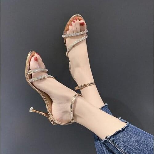 2020 summer new transparent rhinestone fashion wild high-heeled sandals word buckle fine heel single shoes female X120