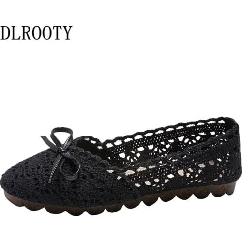 Women Flats Shoes Loafers Shallow Lace Hollow Out Slip On Summer Fashion Butterfly-knot Round Toe Platform Sweet Flat Casual