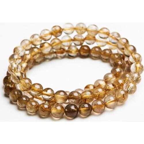 Women Femme Stretch 7mm Genuine Natural Brazilian Yellow Gold Hair Needle Titanium Rutilated Quartz Crystal Round Bead Bracelet