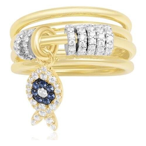 SLJELY New 925 Sterling Silver Yellow Gold Color 4 Circles Finger Ring with Sliding Lucky Fish Zircon Rings Women Fine Jewelry