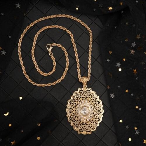 Moroccan style gold long pendant oval rhinestone necklace for women Caftan charm pendant Bijoux national wedding jewelry