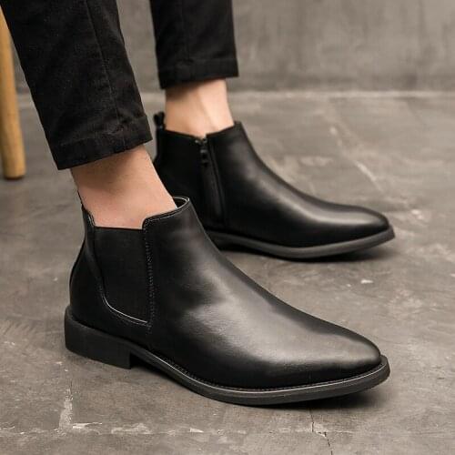 Winter Classic Chelsea Boots Men High Top Breathable Pointed Toe All Black Boots Fashion Leather Zip Easy Matching Casual Shoes