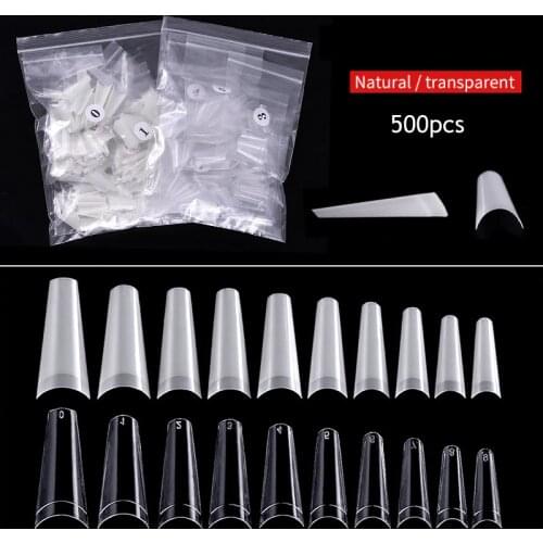 500pcs/Bag 10 Sizes Ballerina Nail Tips French Coffin Fake Fingernails Acrylic Half Cover Nails Clear/Natural False Nails Salon