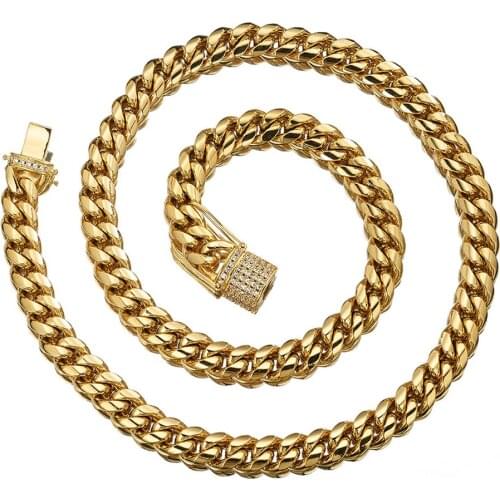 8/10/12/14/16/18MM Wide Fashion 316L Stainless Steel Gold Crystal Curb Cuban Maimi Link Chain Mens Necklace & Bracelet Gift