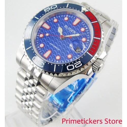 40mm blue dial BLIGER sapphire glass date bracelet strap automatic movement rotating bezel wristwatch