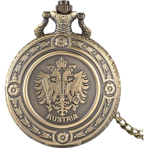 Bronze Austria National Emblem Quartz Pocket Watch Necklace FOB Retro Pendant Chain Floral rattan Pocket Watch Art Collectibles