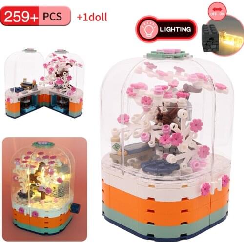 City Sakura Building Blocks LED Light Rotating Box Cherry Blossom Street View Bricks Kids DIY Educational Toys Children Gift
