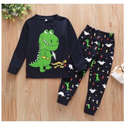 Little Boy Long Sleeve T-shirt + Trousers Dinosaur Print Thread Closing Classic Round Neck Cozy Soft Spring Pajamas 1-7 Years