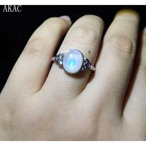 2rings/set AKAC 925sterling silver approx8*10mm natural rainbow moonstone adjustable ring