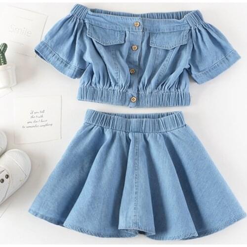 Summer Girls' Clothing Sets Korean Denim Short-sleeved T-shirt+High Waist Skirt 2PCS Baby Kids Clothes Suit Children Clothing