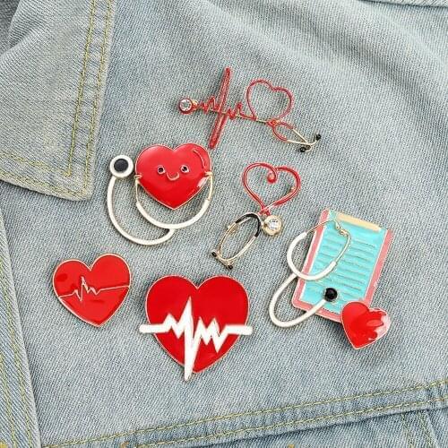 Medical Brooches Nurse Pins Stethoscope Heart Electrocardiogram Enamel Lapel Pin Badge Jewelry Metal Gift for Doctor Wholesale