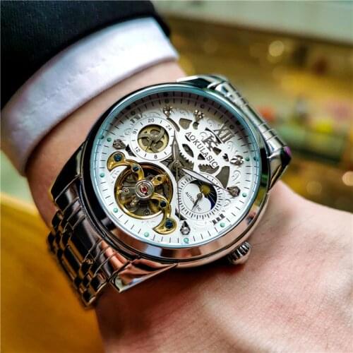 AOKULASIC Mens Automatic Watch Man Flying Mechanical Tourbillon Full Steel Skeleton Watches Gents Luxury Relogio Masculino