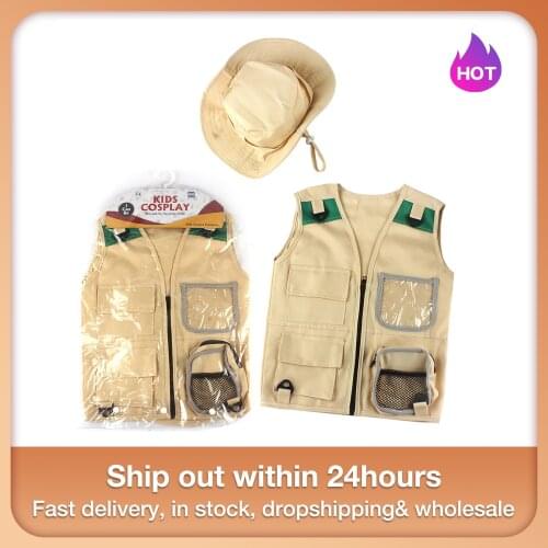 Outdoor Adventure Kit For Kids Cargo Vest Hat Set Comfortable And Durable Explorer Costume Role Play Toy Khaki Playing Clothes