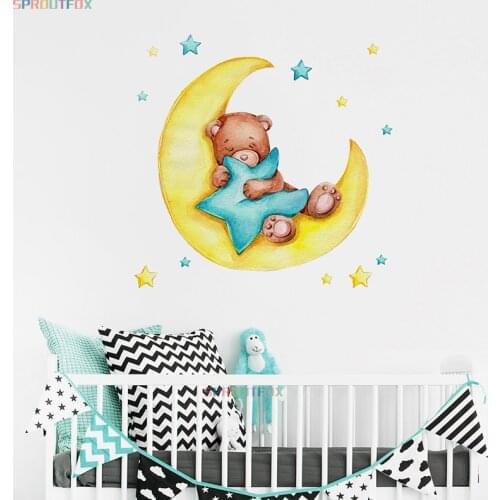 Nursery Wall sticker Sleeping Bear on the Moon Stickers for Baby Room Children Room Art Mural Decals Animals Wall Decoration