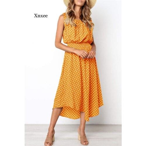 Slim One-Piece Dress New Fashion Summer Mid-Long Style Dot Dress Woman Sleeveless Irregular Casual One Piece Vestidos Dresses