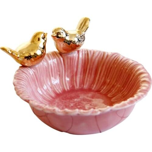 Nordic style ceramic jewelry plate pink plating gold double bird ceramic home decoration jewelry pet bird tableware