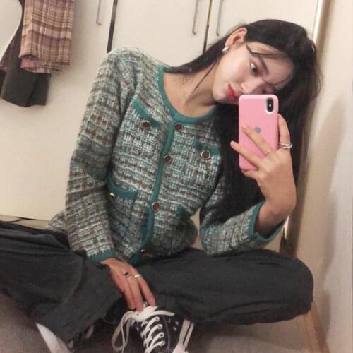 Plaid Chic Crop knitted Sweater women Jumper Gilet femme manche longue Elegantes Harajuku Vintage Cardigan Pull femme Fall 2020